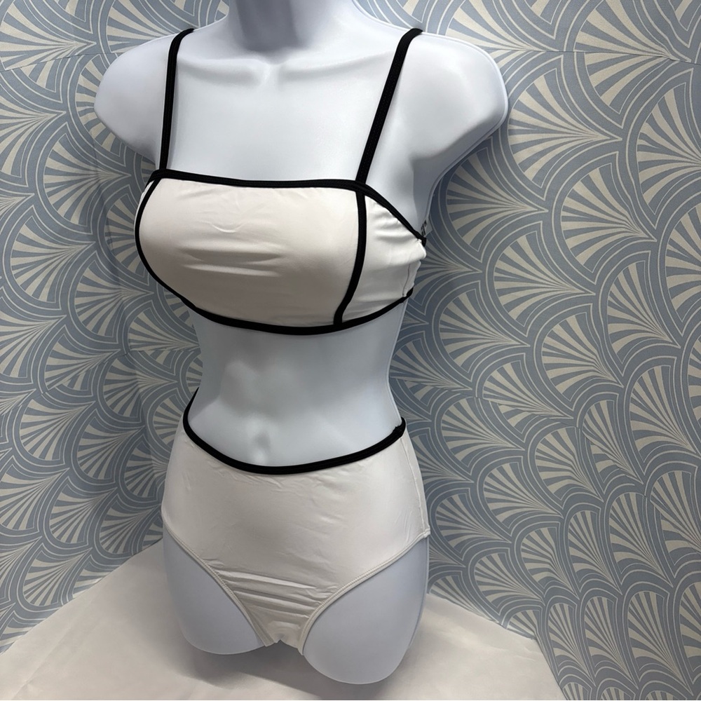 NEW Women's Bikini Sets Two Piece Swimsuit White Black Trim high-waisted sz XS